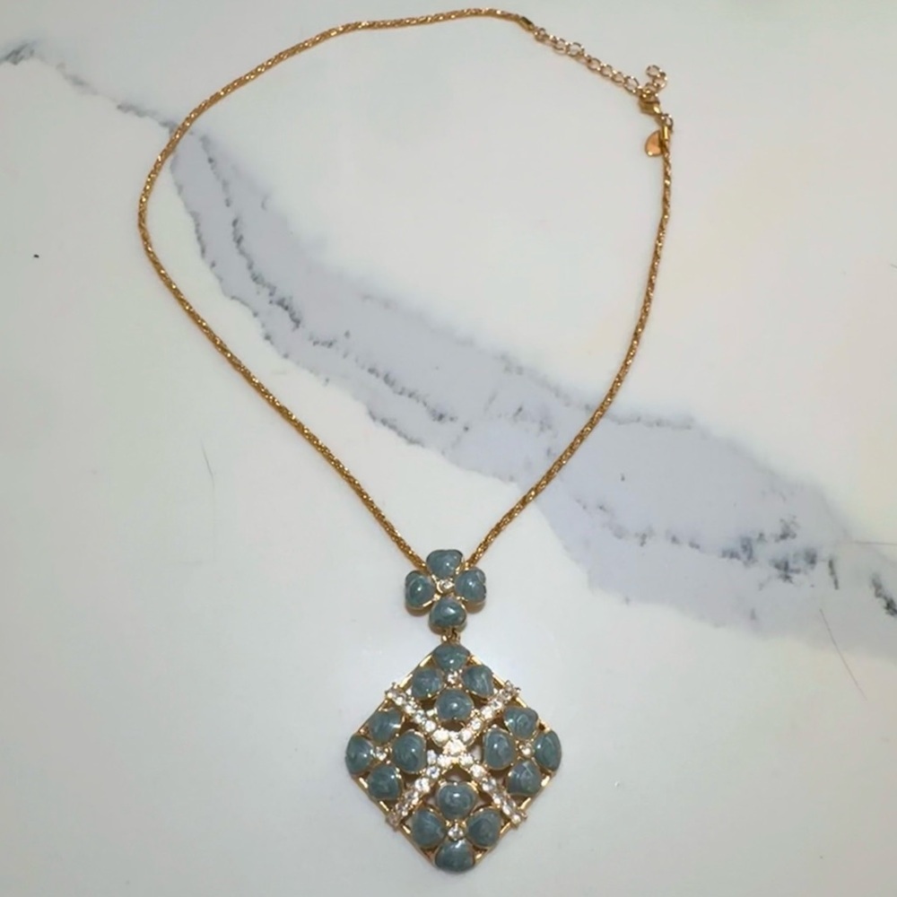 Nolan Miller Gold Tone Blue Floral Clover Pendant Necklace